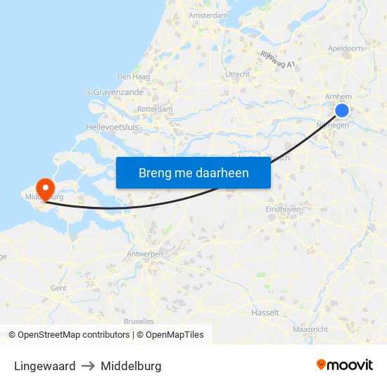 Lingewaard to Middelburg map