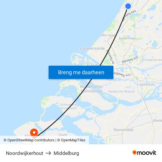 Noordwijkerhout to Middelburg map