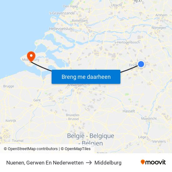 Nuenen, Gerwen En Nederwetten to Middelburg map