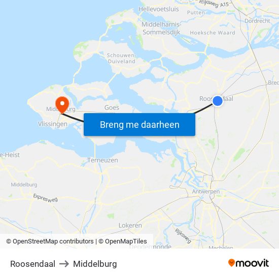 Roosendaal to Middelburg map