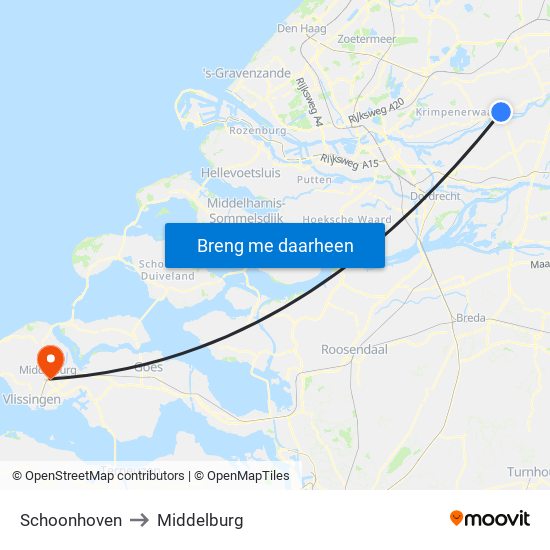 Schoonhoven to Middelburg map
