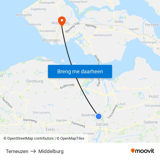 Terneuzen to Middelburg map