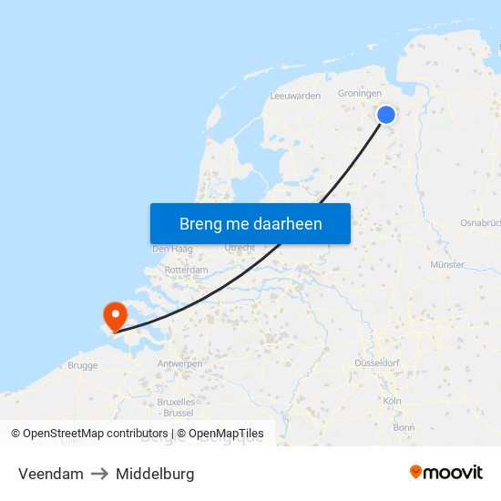 Veendam to Middelburg map