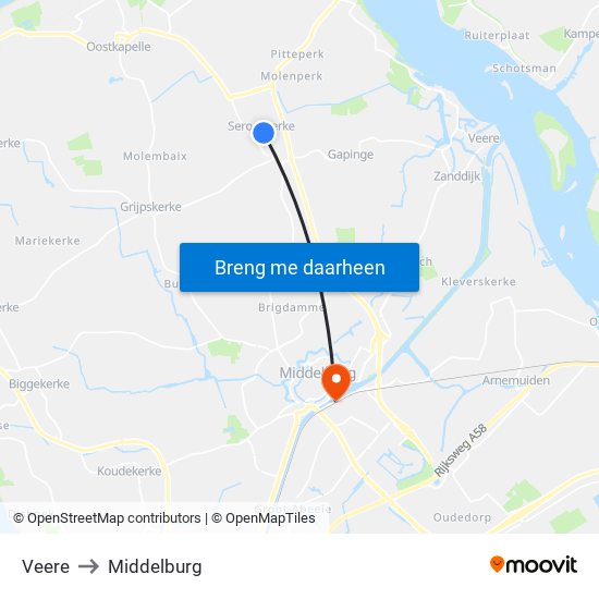 Veere to Middelburg map