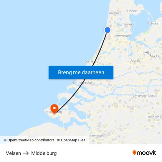 Velsen to Middelburg map