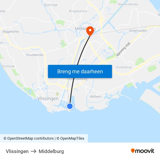 Vlissingen to Middelburg map