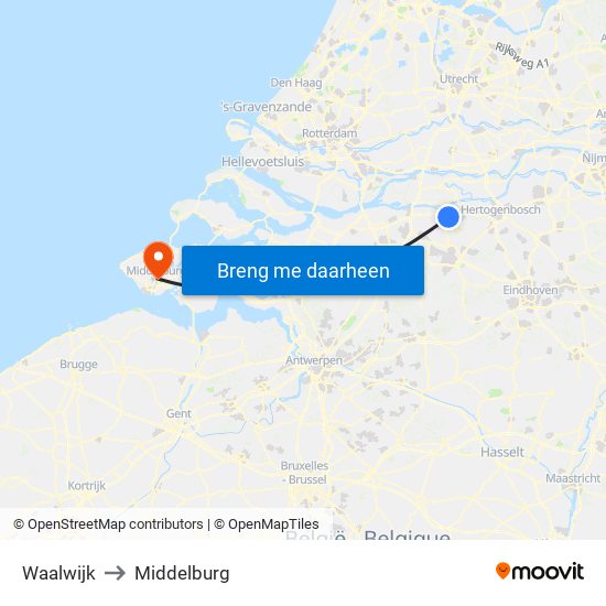 Waalwijk to Middelburg map