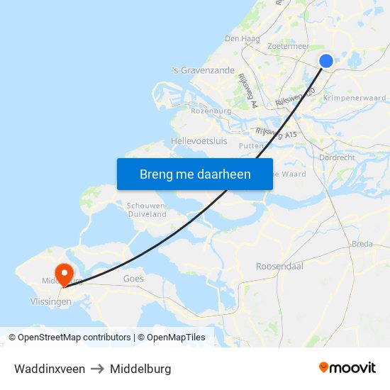 Waddinxveen to Middelburg map