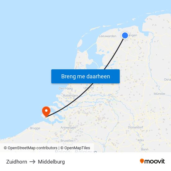 Zuidhorn to Middelburg map