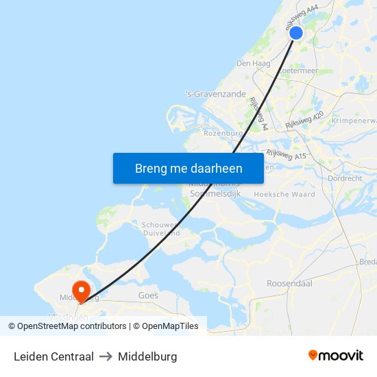 Leiden Centraal to Middelburg map