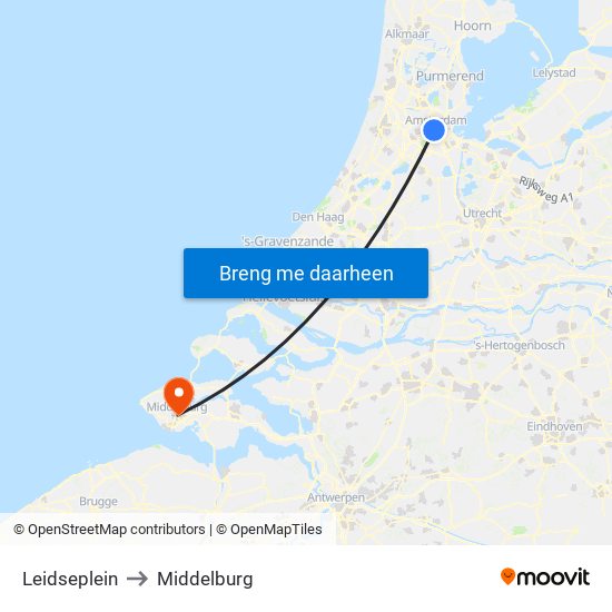Leidseplein to Middelburg map