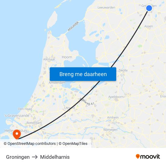 Groningen to Middelharnis map