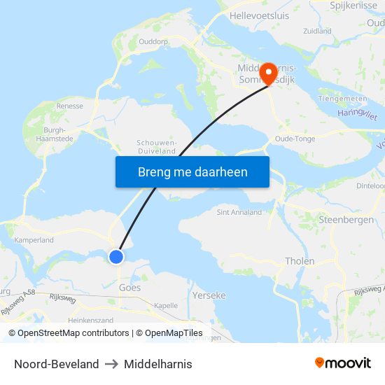 Noord-Beveland to Middelharnis map