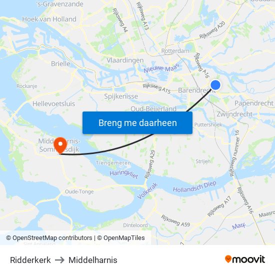 Ridderkerk to Middelharnis map