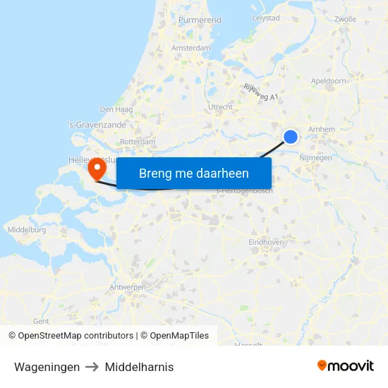 Wageningen to Middelharnis map