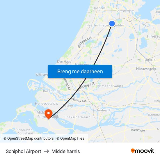 Schiphol Airport to Middelharnis map