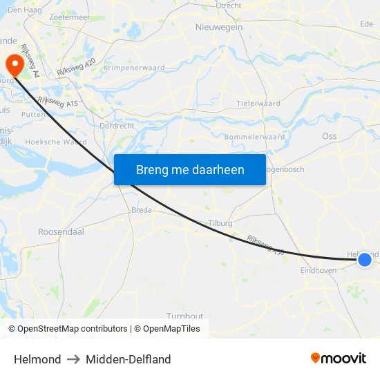 Helmond to Midden-Delfland map