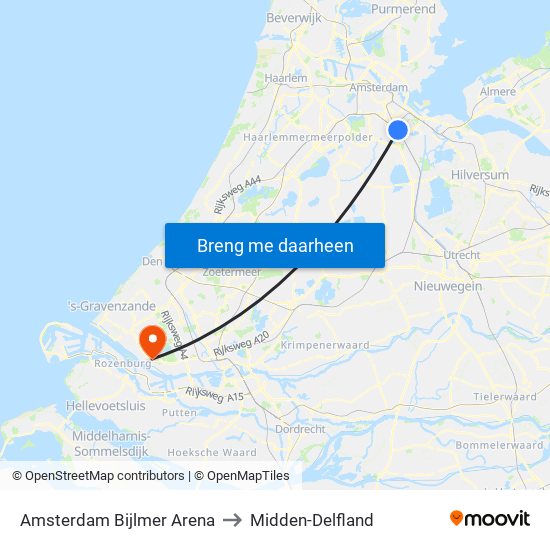 Amsterdam Bijlmer Arena to Midden-Delfland map