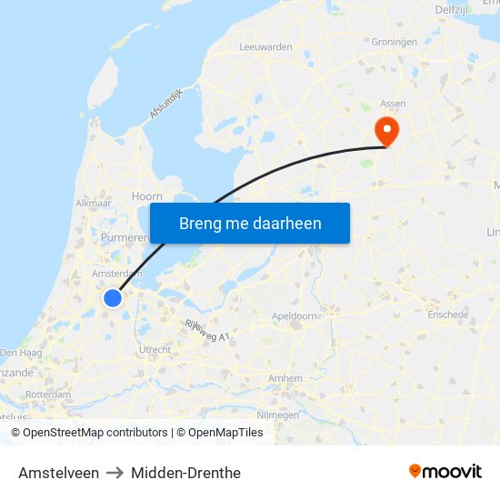 Amstelveen to Midden-Drenthe map