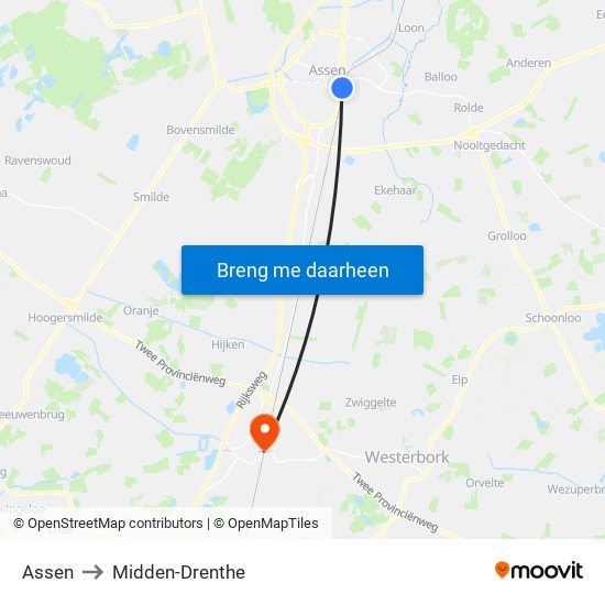 Assen to Midden-Drenthe map