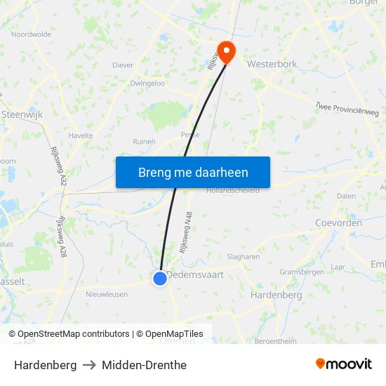 Hardenberg to Midden-Drenthe map