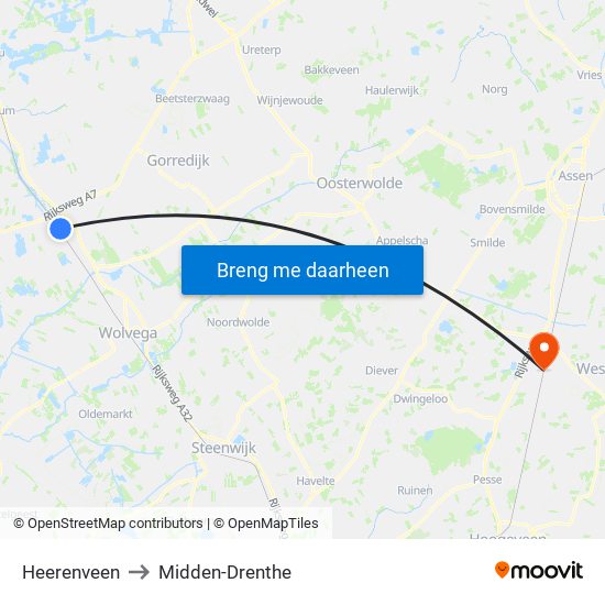 Heerenveen to Midden-Drenthe map