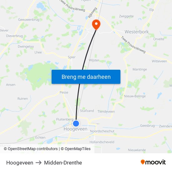 Hoogeveen to Midden-Drenthe map