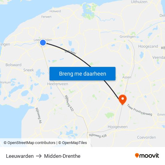 Leeuwarden to Midden-Drenthe map