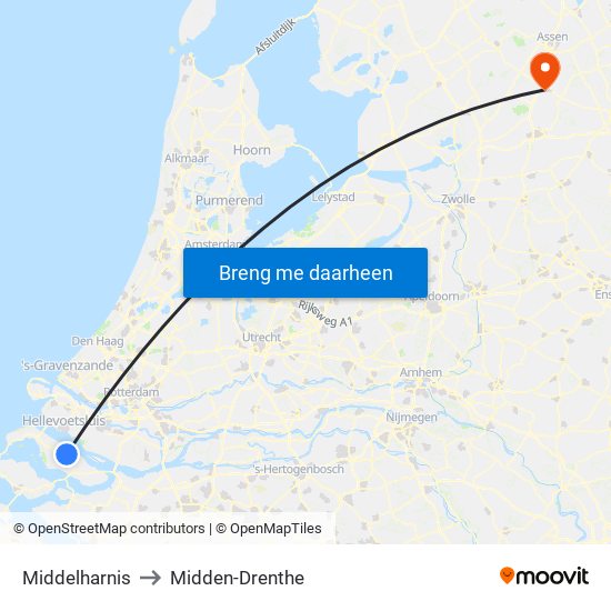 Middelharnis to Midden-Drenthe map