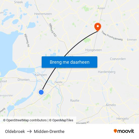 Oldebroek to Midden-Drenthe map