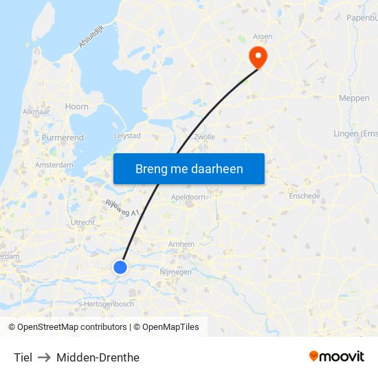 Tiel to Midden-Drenthe map