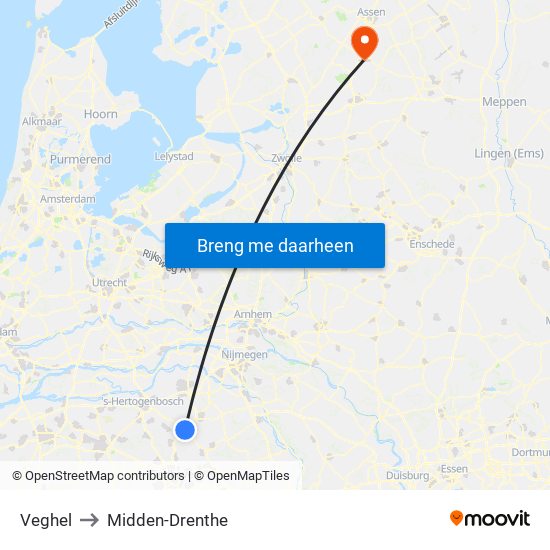 Veghel to Midden-Drenthe map