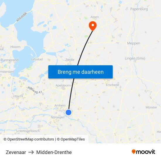 Zevenaar to Midden-Drenthe map