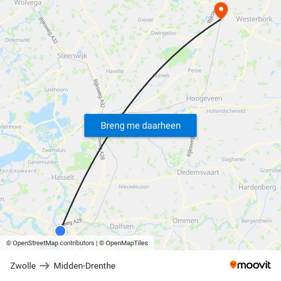 Zwolle to Midden-Drenthe map