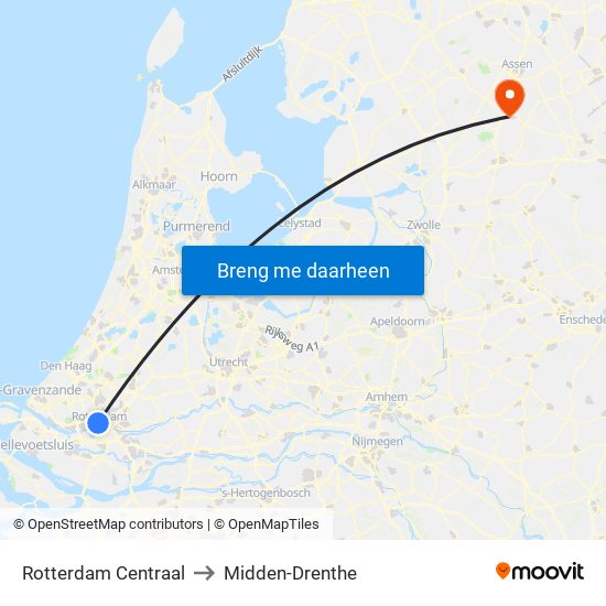 Rotterdam Centraal to Midden-Drenthe map