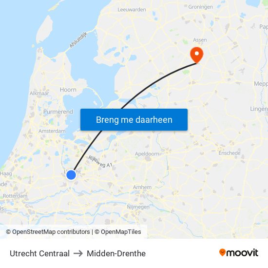 Utrecht Centraal to Midden-Drenthe map