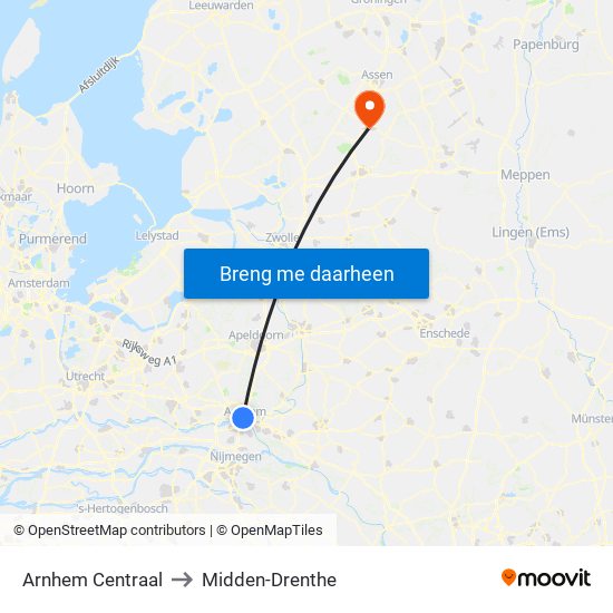 Arnhem Centraal to Midden-Drenthe map
