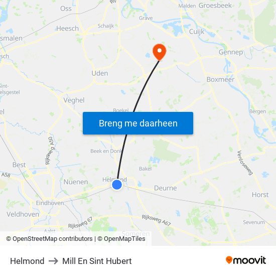 Helmond to Mill En Sint Hubert map