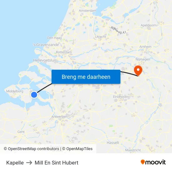 Kapelle to Mill En Sint Hubert map