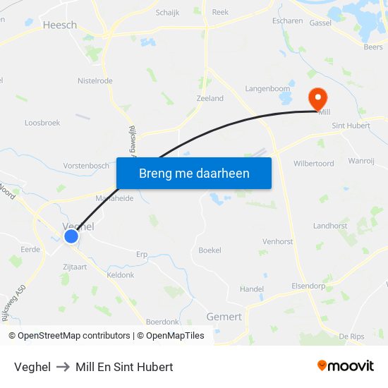Veghel to Mill En Sint Hubert map