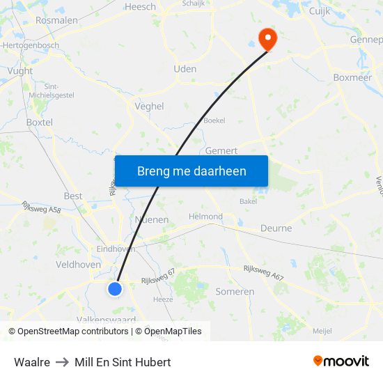 Waalre to Mill En Sint Hubert map