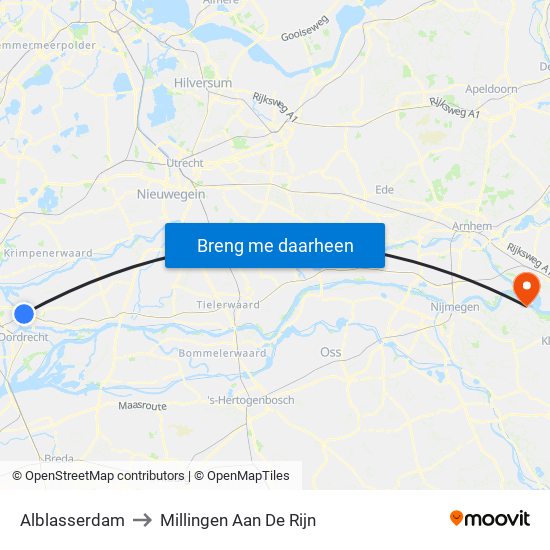 Alblasserdam to Millingen Aan De Rijn map