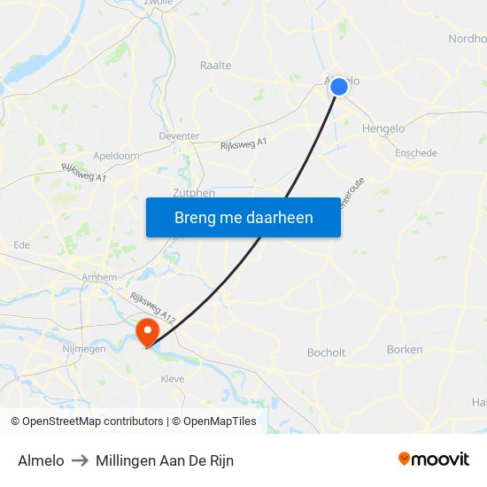 Almelo to Millingen Aan De Rijn map