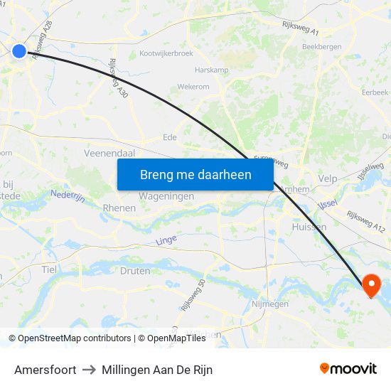 Amersfoort to Millingen Aan De Rijn map