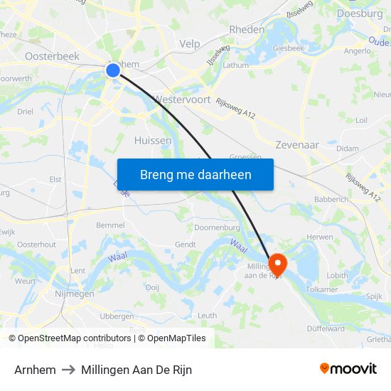 Arnhem to Millingen Aan De Rijn map