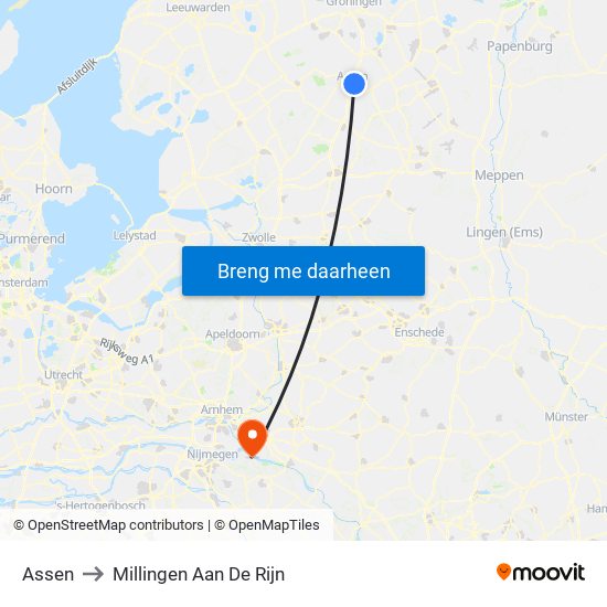 Assen to Millingen Aan De Rijn map