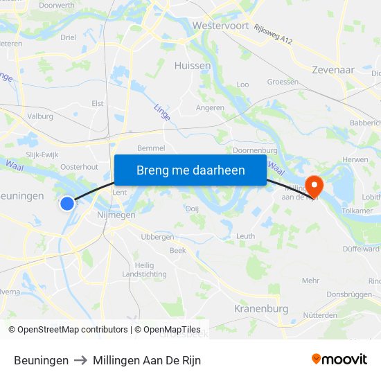 Beuningen to Millingen Aan De Rijn map