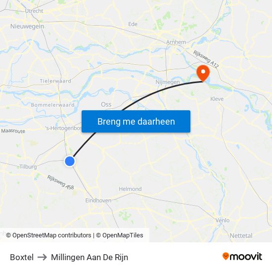 Boxtel to Millingen Aan De Rijn map