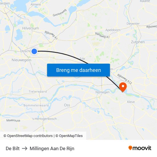 De Bilt to Millingen Aan De Rijn map