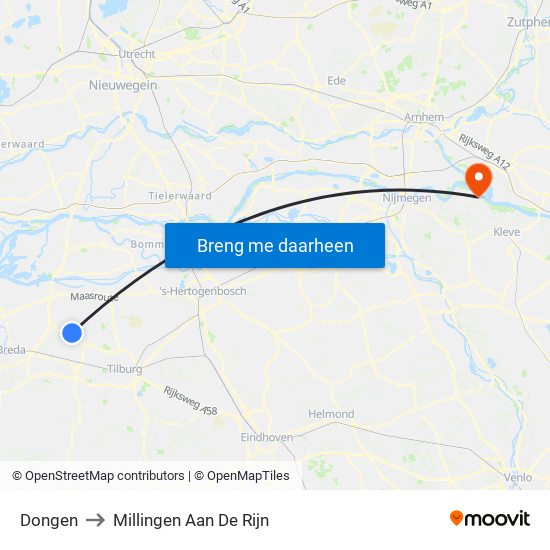 Dongen to Millingen Aan De Rijn map